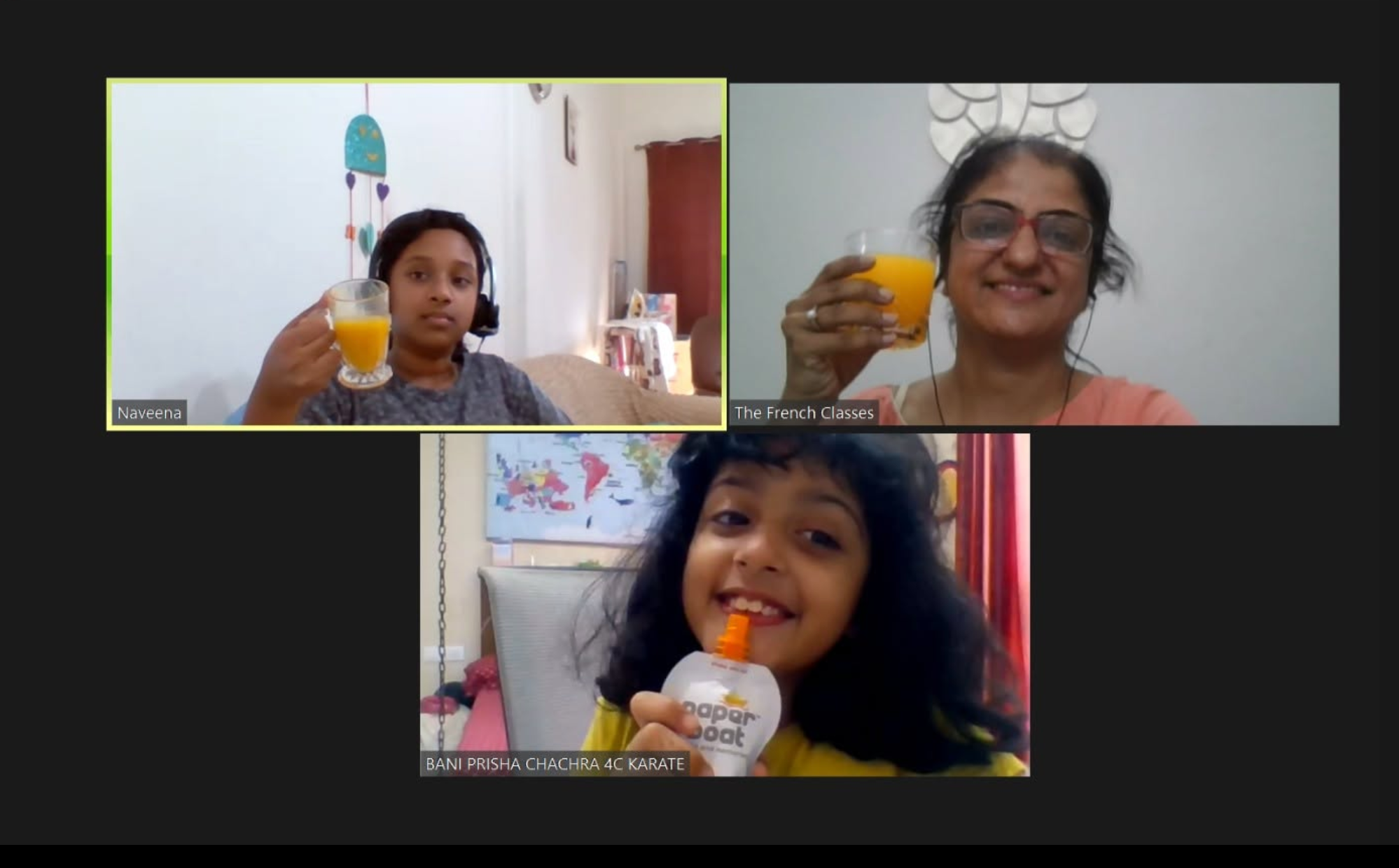 Bhaveshi and students together in a live online French class