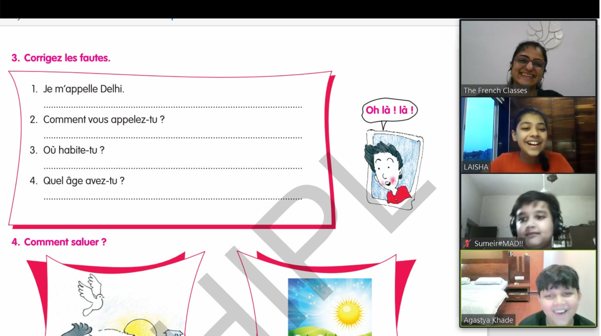 Bhaveshi guiding students through a French worksheet during an online class